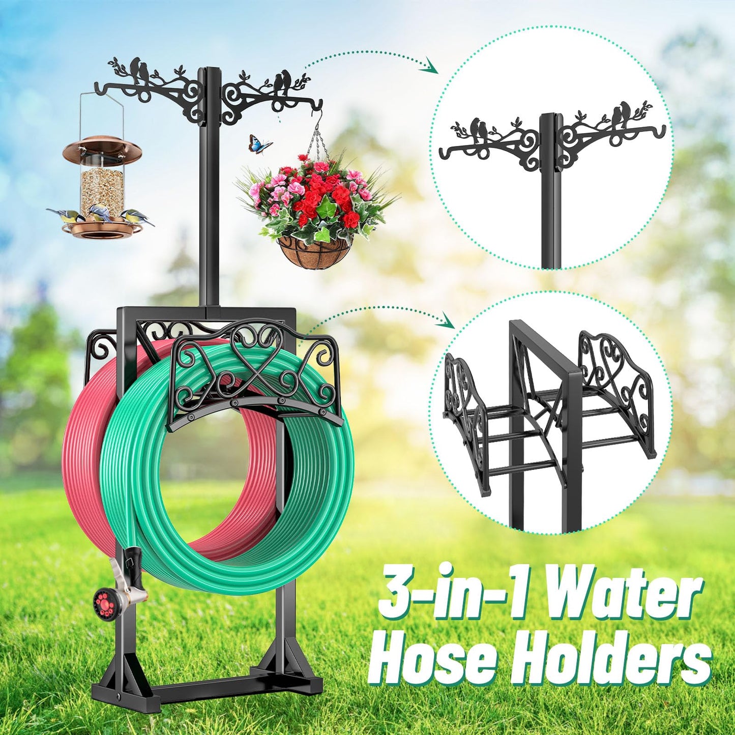 ODSNANIE Garden Hose Holder for Outside,Water Hose Holders with 2 Bird Statue Shepherds Hooks & 5 Spikes,Double-Sided Freestanding Hose Stand Heavy Duty Hose Storage Rack for Outdoor Yard Lawn Farm