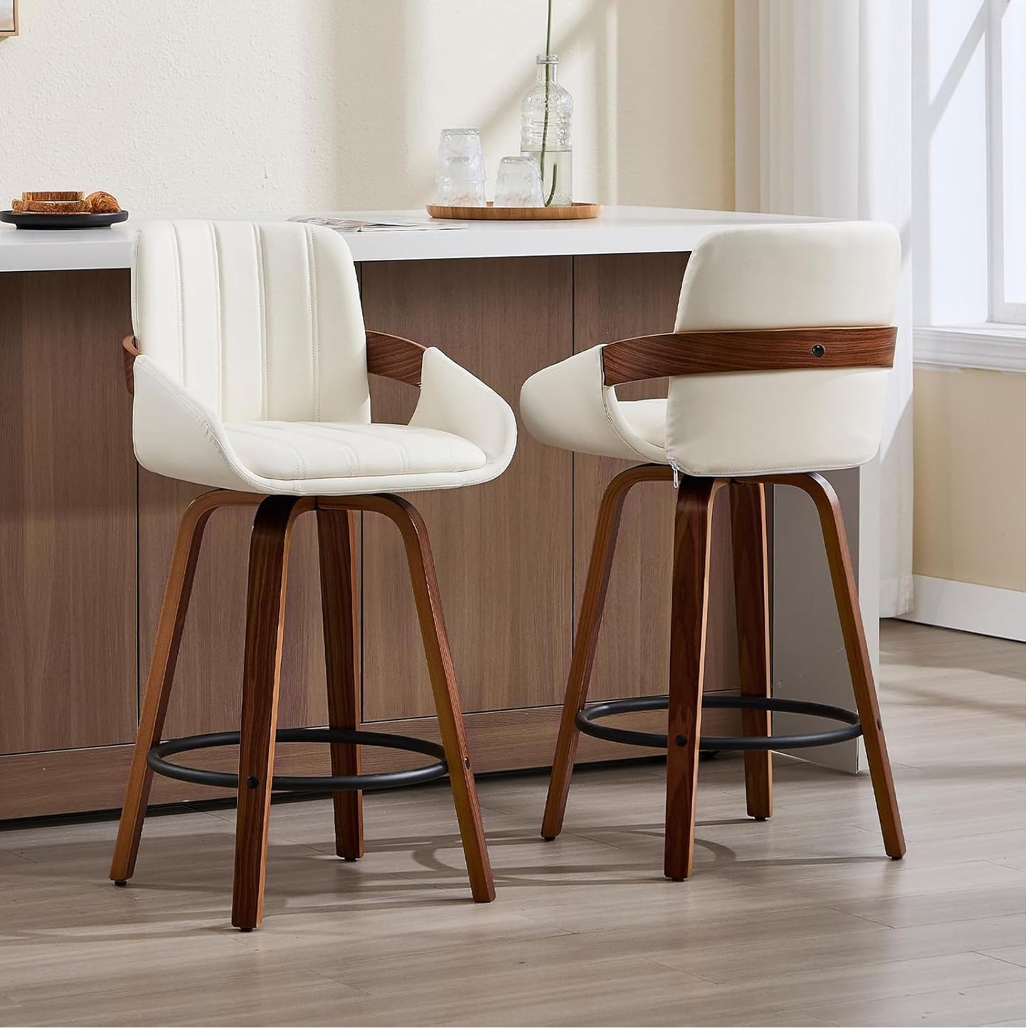 VipDesk Bar Stools Set of 2, 26" Counter Height Swivel Stools with Back, Walnut Wood Frame, PU Leather, Built-in Footrest, Modern Kitchen Island Chairs – Easy Assembly & Sturdy Design - Cream White