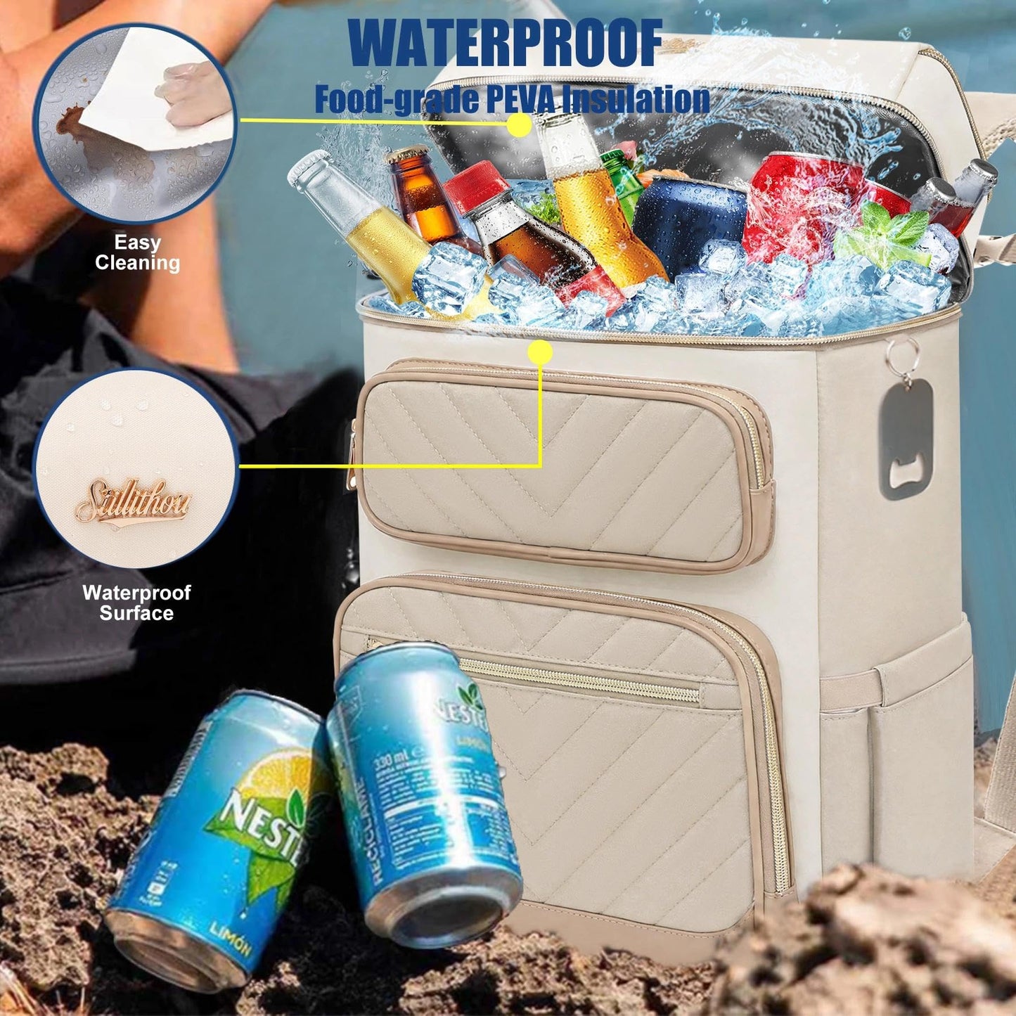AMNOW Backpack Cooler Insulated Leak Proof, Soft Sided Cooler Backpack for Men Women, Beach Cooler Bag for Camping Hiking Picnic Khaki