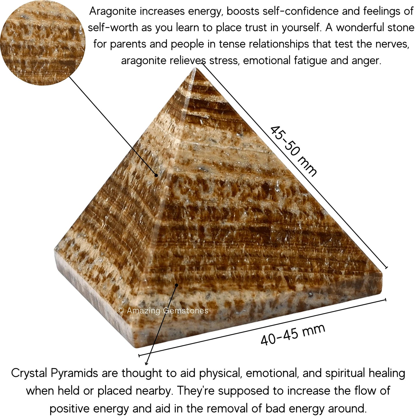 Amazing Gemstone Aragonite Pyramid Crystal Healing Stones - 2" Great Pyramid Figurine of Natural Stone Pyramid for Meditation, Reiki, Chakra Balancing and Crystal Pyramids Grid