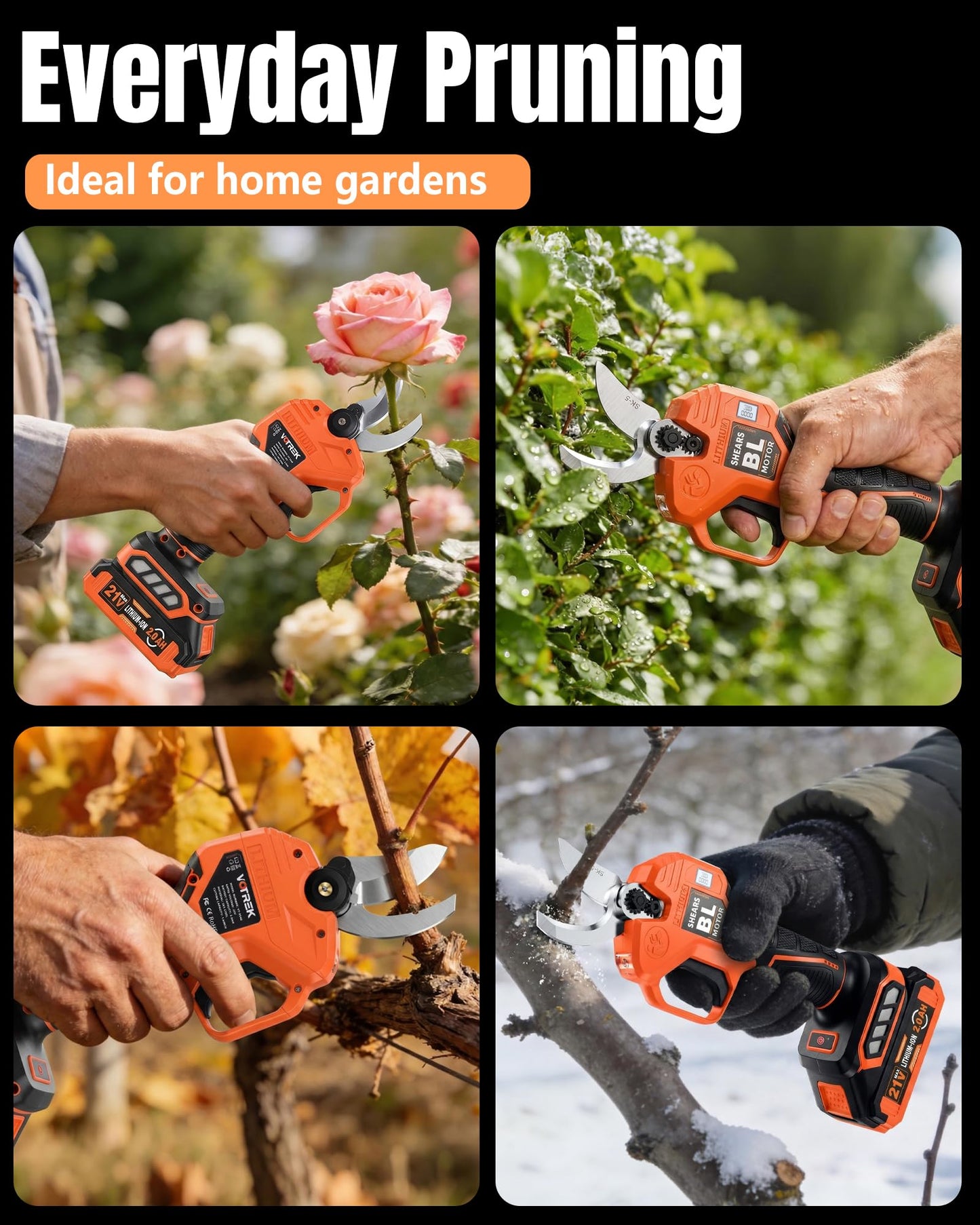 VOTREK® Cordless Electric Pruning Shears, Effort-Saving Power Pruner Cuts Branches up to 1.6", Lightweight with Safety Lock, SK5 Steel Blade, Brushless Motor, Battery Included for Tree Trimming
