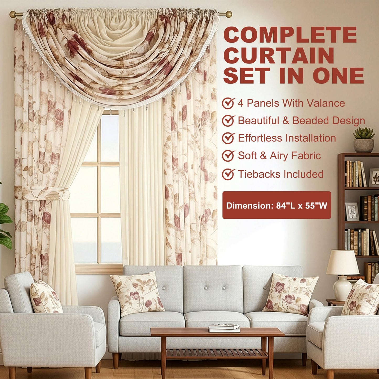 YHSF Sheer Curtains Laura Collection - 4 Panel Set, 84 Inches Long - Elegant Curtains for Bedroom & More - Valances with Beads & 2 tiebacks - 55” x 84" - Multicolor, Floral Rose Solid Beige