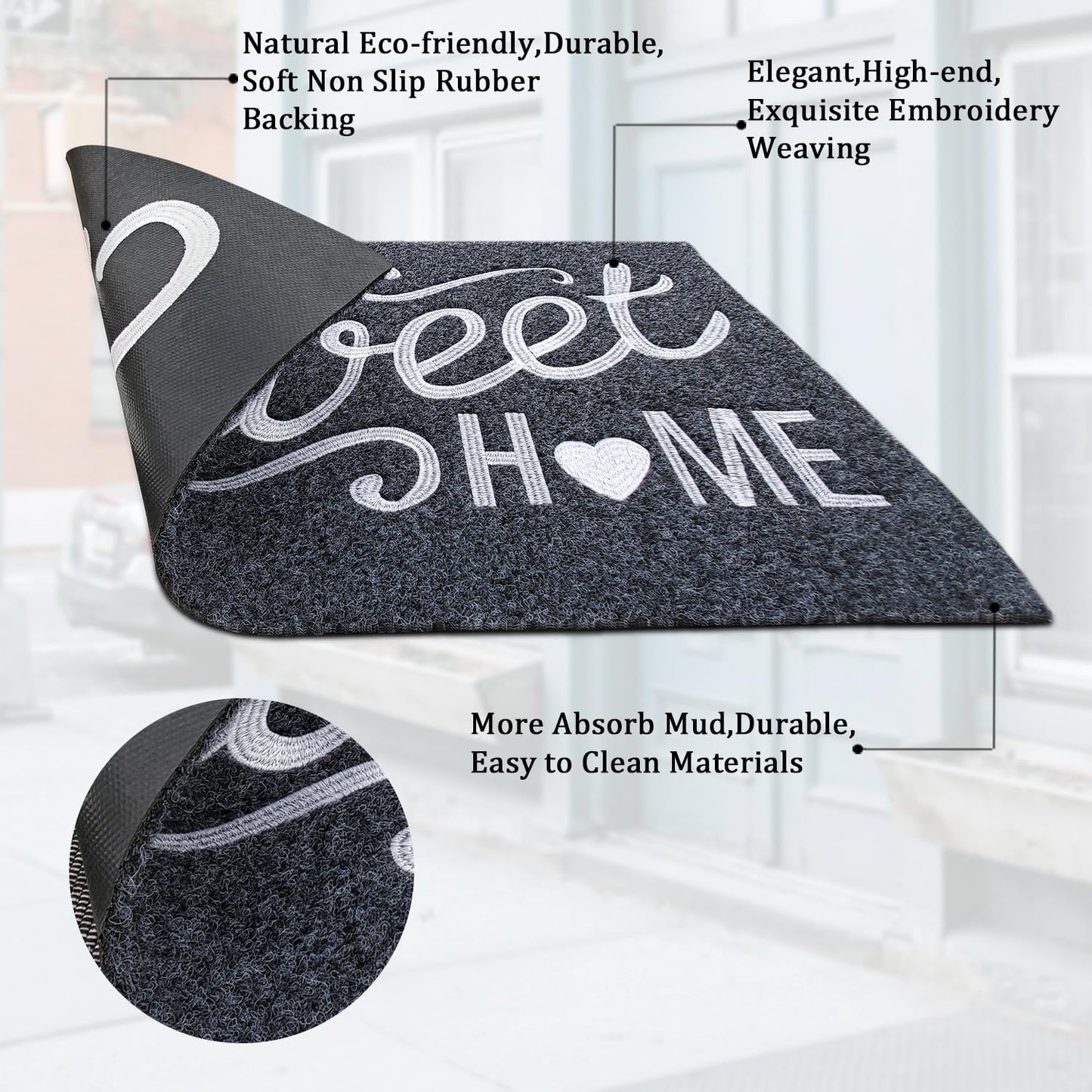 AAZZKANG Front Door Mat Non Slip Welcome Mats Outdoor Indoor Home Sweet Home Doormat with Rubber Backing Easy to Clean for Entrance High Traffic Areas Grey