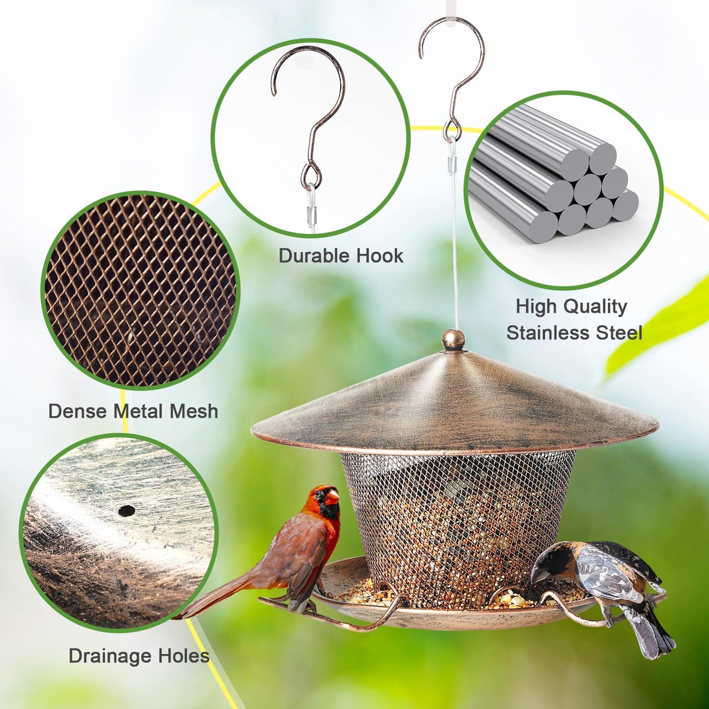 Samhe Bird Feeder for Outdoor, Rainproof Weatherproof Metal Hanging Wild Bird Feeder with 9.8" Roof 3 LBs Seeds Capacity, Easy to Clean & Refill