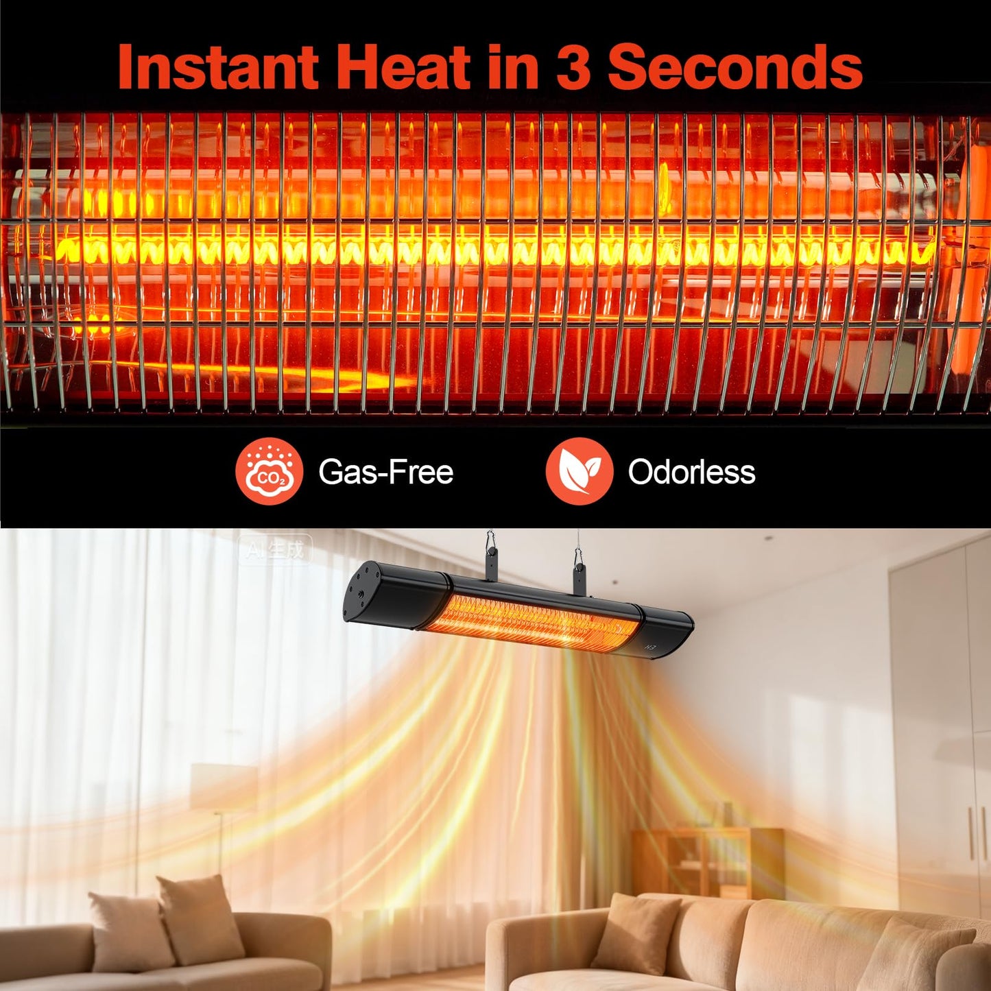 Electric Hanging Patio Heater with remote control, built in Temperature Control, Wall mounted or ceiling mounted, Suit for Outdoor, 1500W, Black