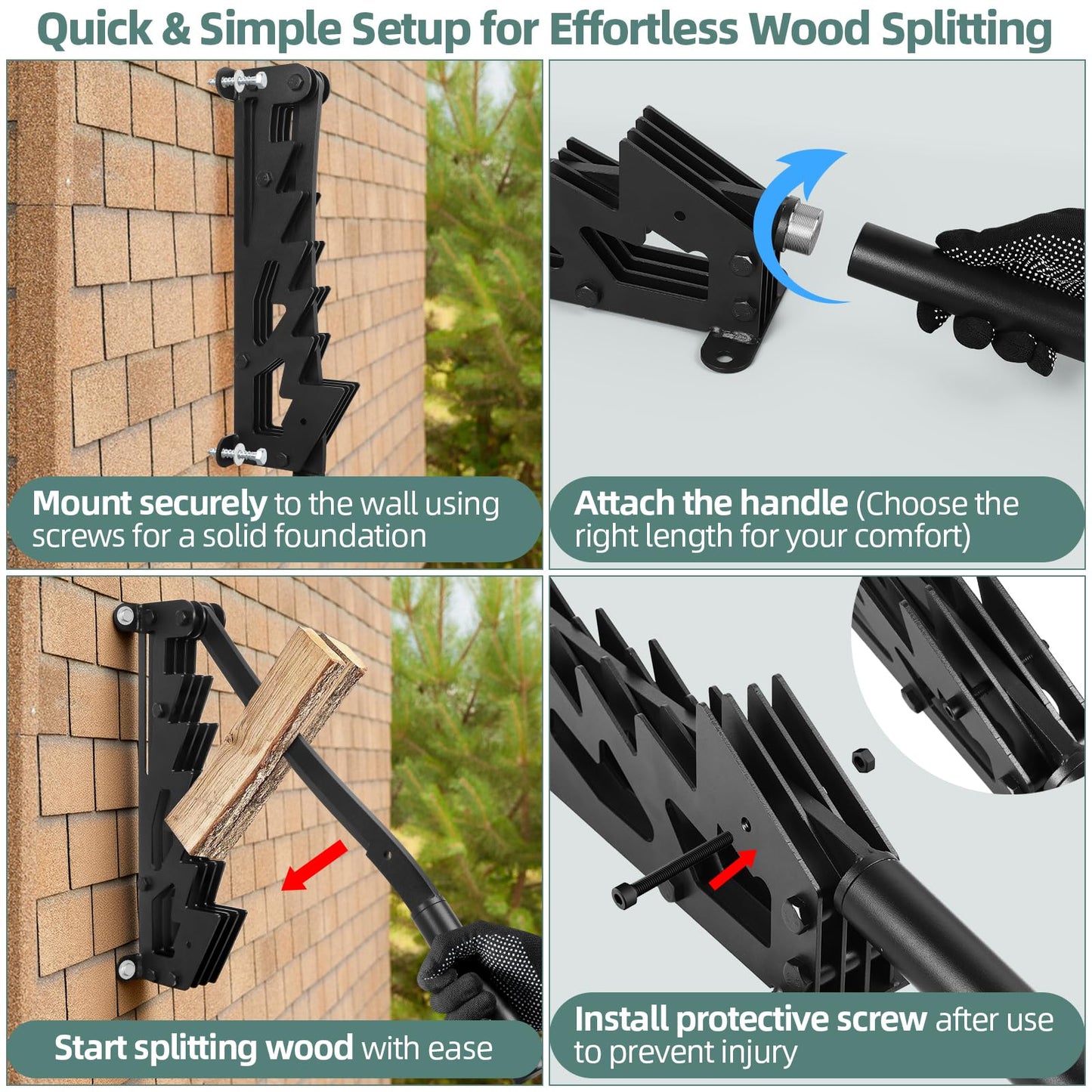 XCZNAGS Wall Mounted Wood Splitter: Dual-Handle Manual Kindling Splitter with 6-Tooth Clamping, Heavy Duty Steel Log Splitter for Soft Firewood, Includes Gloves and Screws for Indoor and Outdoor Use