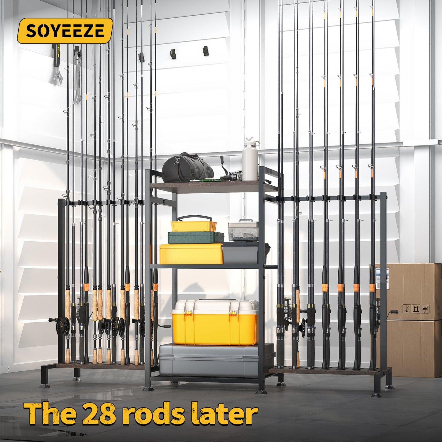 SOYEEZE Fishing Rod Holder for 28 Rods, Ground Stand Fishing Pole Holders for Garage, 3-Sided Vertical Fish Rod Rack for Tackle Box, Fishing Supplies,a Display Fish Gear Storage Gift