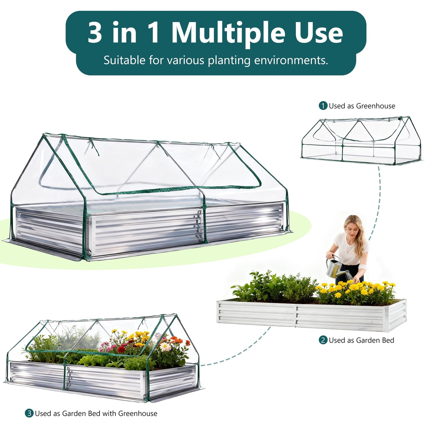 DUMOS 8x4x1ft Galvanized Raised Garden Bed with Cover, Planter Box Outdoor for Deep-Rooted Herbs/Flowers/Vegetables, Open Base Metal Garden Bed Mini Greenhouse for Patio/Balcony/Backyard, Silver