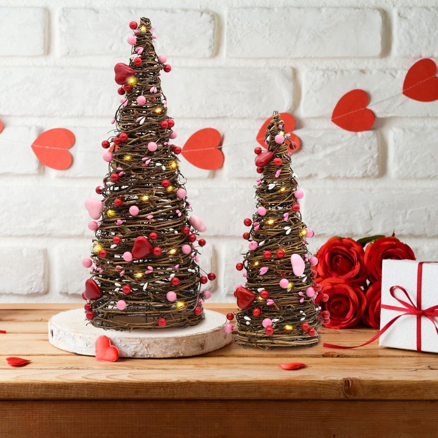 CRCZK Valentines Day Rattan Table Tree Decor with Lights Valentines Day Decorations 2Pack Lighted Tree with Red Heart&Berries Pink Table Centerpieces Valentine's Day Decorations Indoor Party Gifts