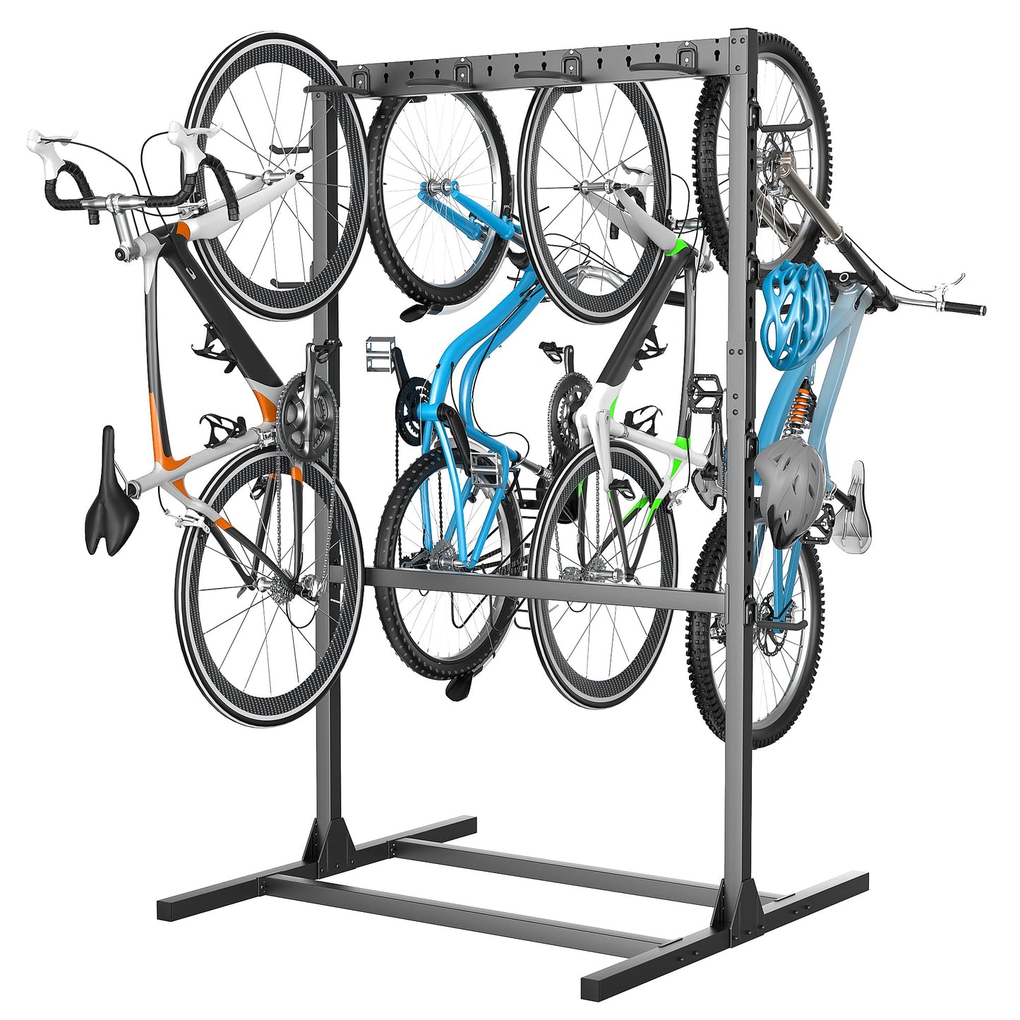 EVERHANGER Freestanding Bike Stand Rack with Adjustable Hooks, Vertical Bike Stand for Garage, Bicycle Storage Organizer, Holds Up to 7 Bikes & 7 Helmets