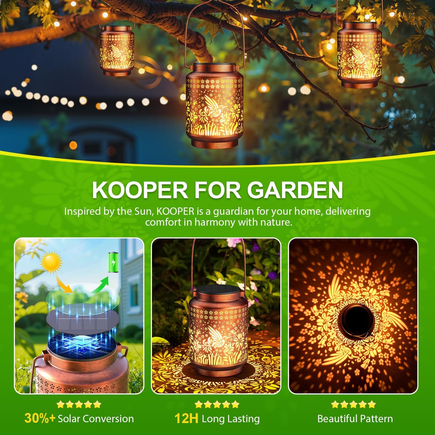 KOOPER 2 Pack Solar Lanterns Outdoor Waterproof Birthday Gifts for Women Mom Grandma, Upgraded Hummingbird Hanging Solar Lantern Lights Outdoor, 2 Modes Metal Outdoor Decoration for Yard, Patio