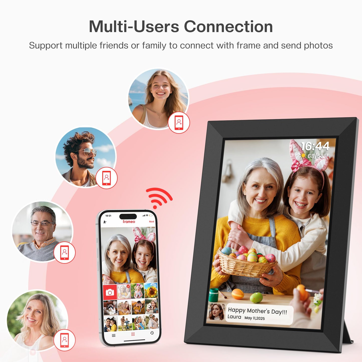 Frameo 10.1 Inch WiFi Digital Picture Frame, Smart Cloud Electronic Photo Frame with HD IPS Touch Screen Slideshow 32GB Memory Auto-Rotate Wall Mount, Share Photos/Videos from Phone - Gifts for Mom