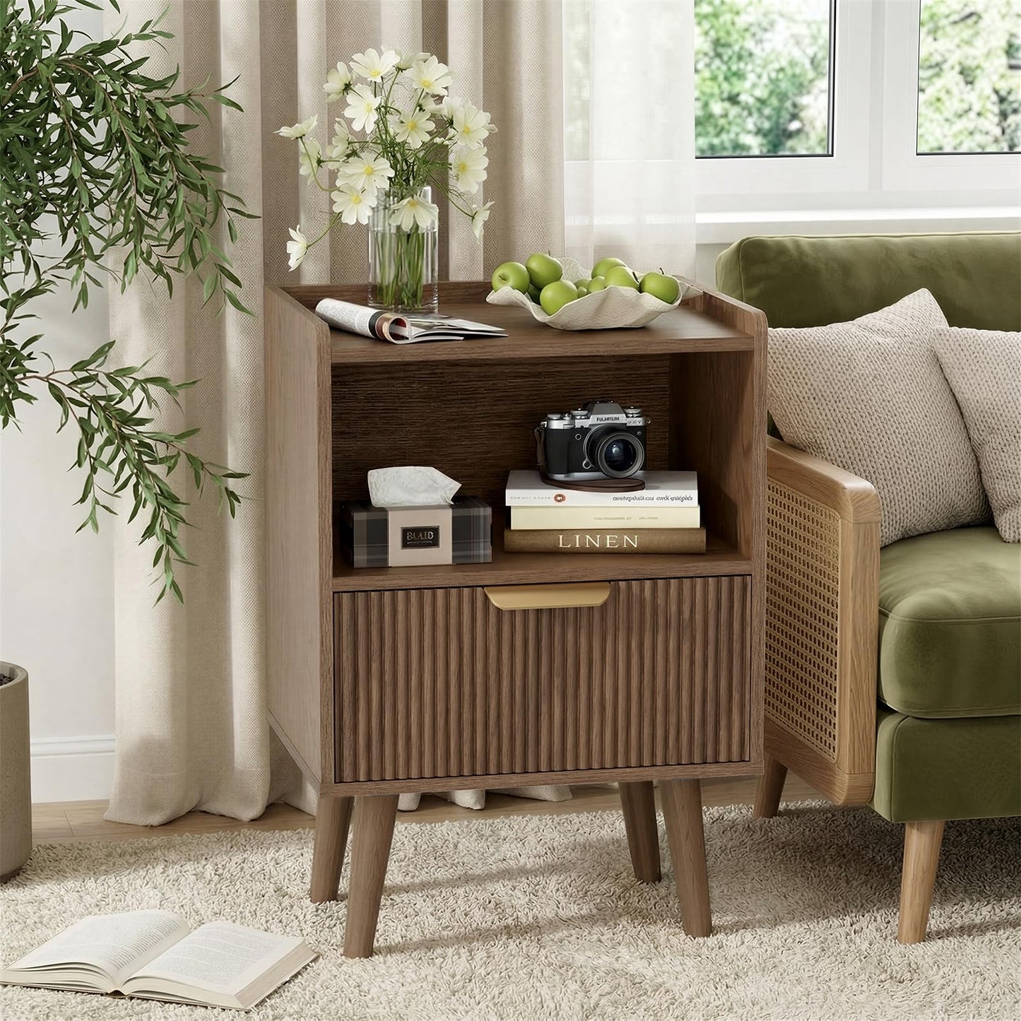 Apicizon Modern Nightstand with Storage Drawer and Open Wood Shelf, Fluted Night Stand with Solid Wood Legs, Bedside Table for Bedroom,Small Spaces, Easy Assembly,Walnut