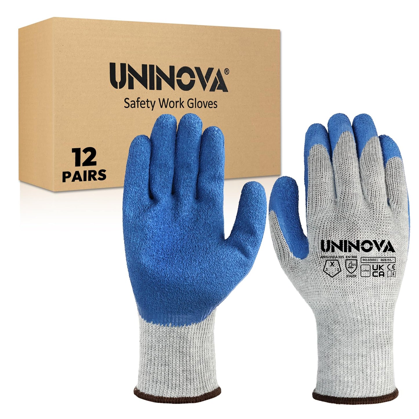 UNINOVA Work Gloves, Crinkle Rubber Latex Palm Coating, Safety Work Gloves with Grip, Non-slip Bulk for Men Women, Construction Warehouse General Handling(Small,12Pairs)