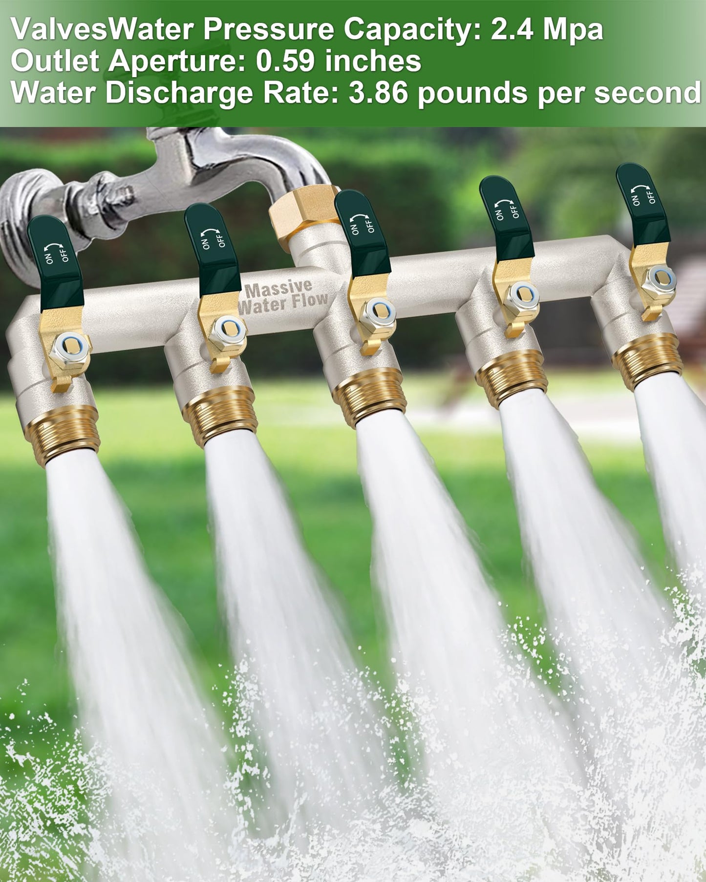 5 Way Hose Splitter, Heavy Duty Full Flow Garden Hose Splitter with 4 Large Metal Handles, Brass Water Hose Bib Splitter, T Adapter Connector with 3/4 - Inch GHT Thread (Green)