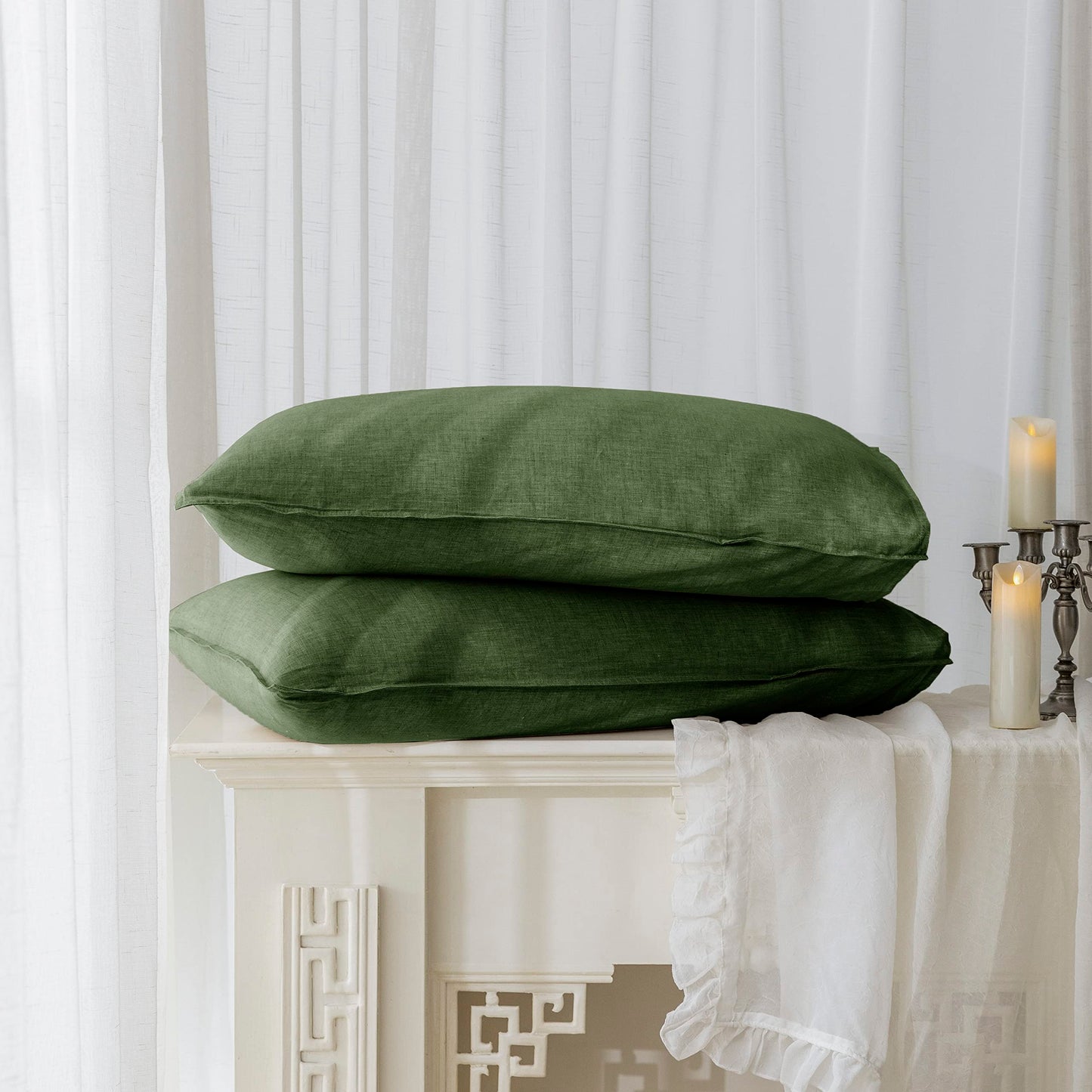 EVERLY 100% Linen Pillowcases Set of 2, Envelope Overlap Closure French Natural Washed Flax Pillowcases 20x26 inches-Mossy Green