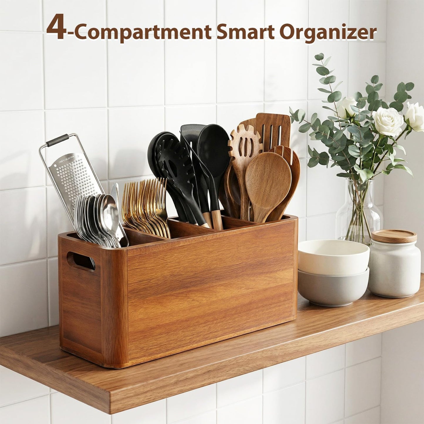 powerful xishan Kitchen Utensil Holder for Countertop, Extra Large Acacia Wood Utensil Organizer, 4-Compartment Storage for Cooking Utensils, Silverware and Cutlery