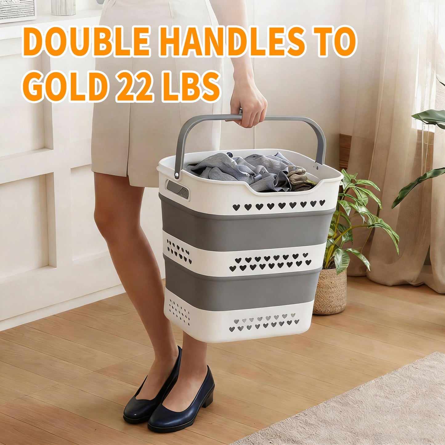 42L Medium Collapsible Plastic Laundry Basket with Handles, Foldable Laundry Basket Hamper, Pop Up Storage Container Organizer for Washing Storage (Gery, 17 Inch * 13 Inch * 15 Inch)
