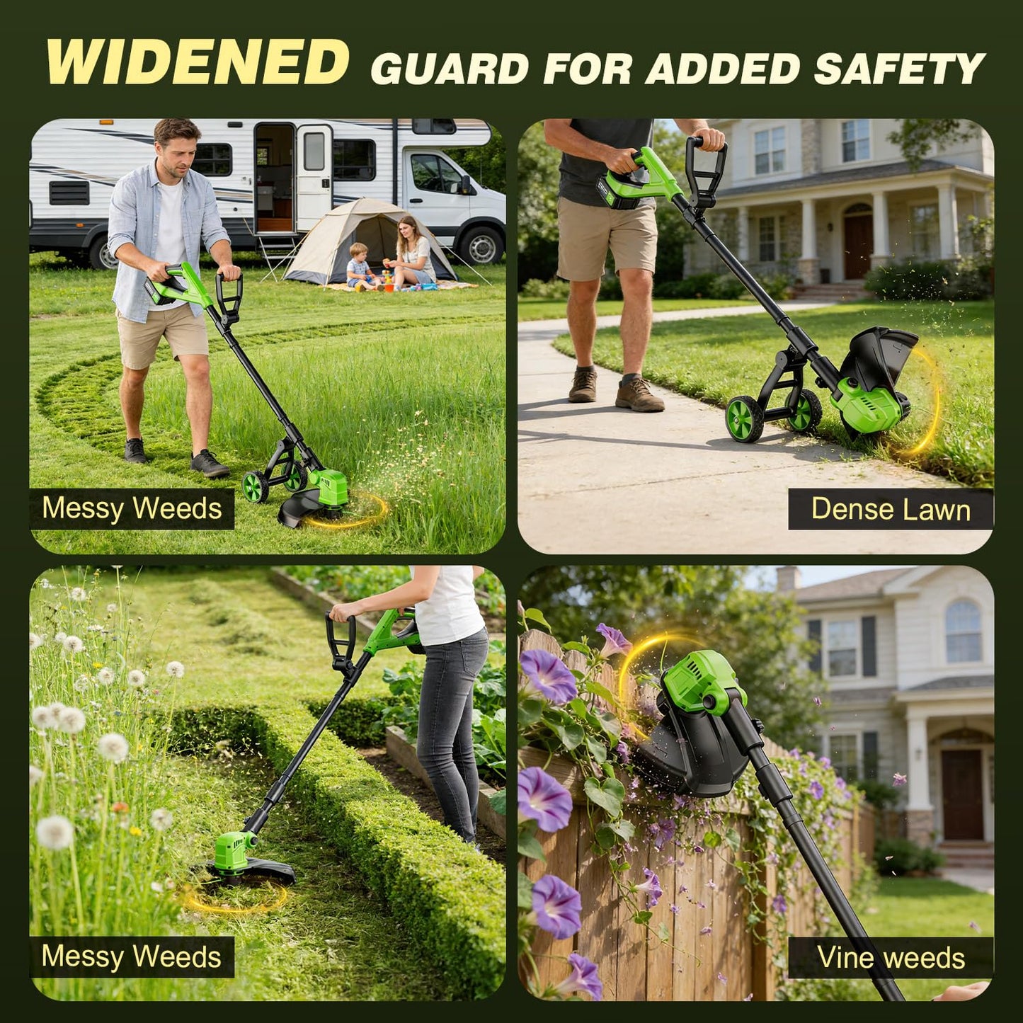 Amiluo 3 in 1 Cordless String Trimmer & Edger, 21V Battery Powered Weed Wacker with Wheels, 2 x 3.0Ah Batteries & 8 Spools, 14" Electric Weed Trimmer, Grass Trimmer for Garden, Lawn and Yard Care