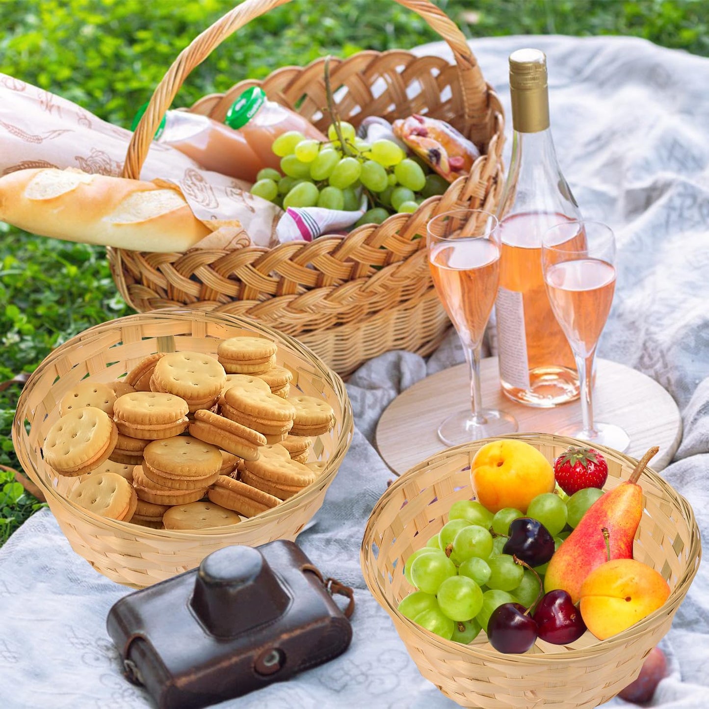 Geytetqi 10 Pack 8 Inch Round Bamboo Woven Fruit Baskets, Small Bamboo Wicker Gift Baskets for Kitchen, Restaurant, and Holiday Decor