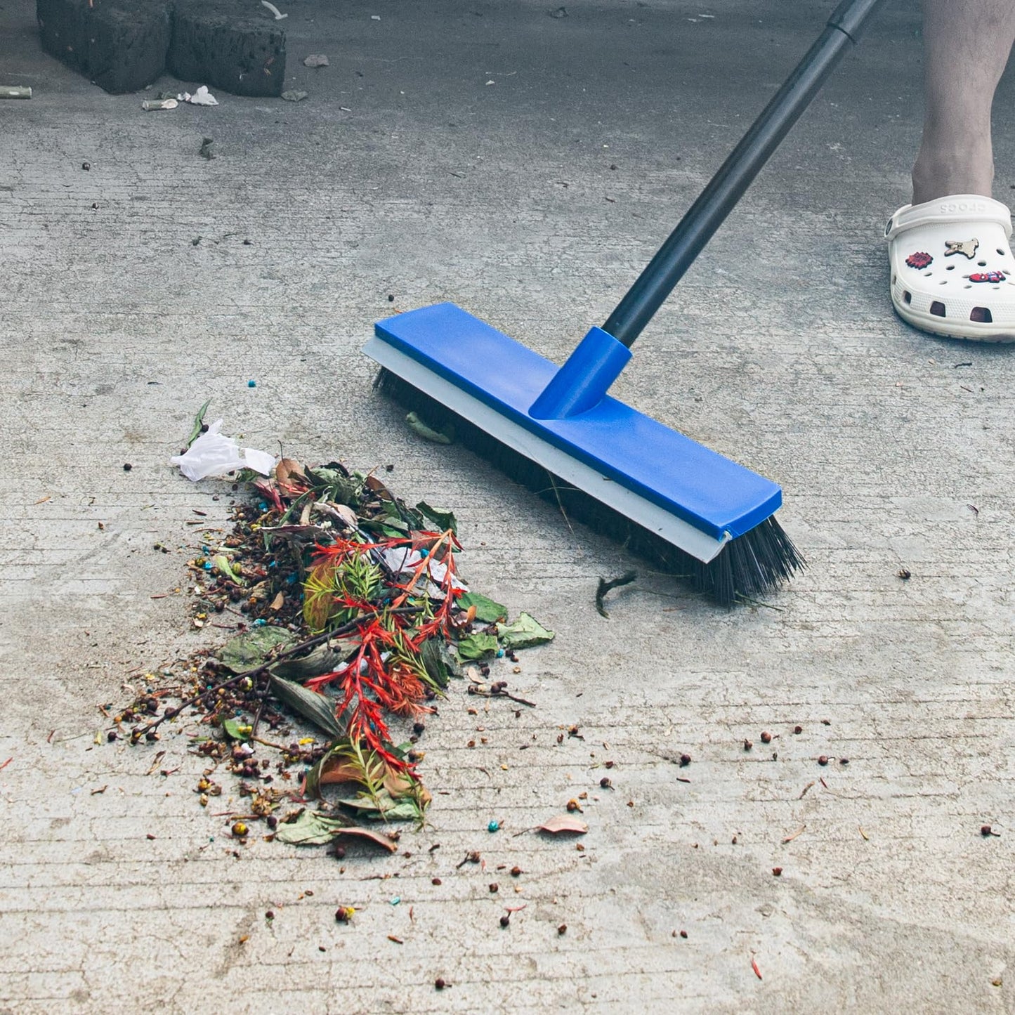 16 Inch 2-in-1 Squeegee Push Broom Outdoor Deck Brush 58" Long Handle for Patio Garage Warehouse Driveway Concrete Floor Cleaning Scrubbing(Blue)