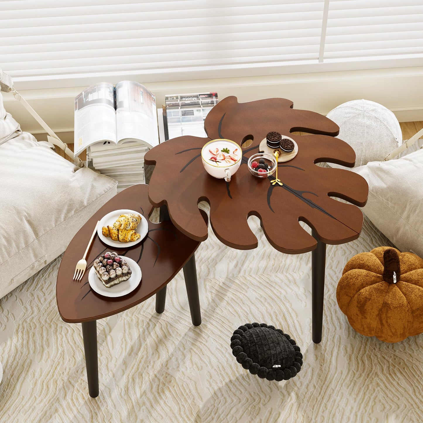 BAMEOS Monstera Leaf Nesting Tables Set of 2, Small Side Tables f Set with Leaf Vein Pattern, Modern Wooden CoffeeTables for Living Room Bedroom Apartment Balcony Yard