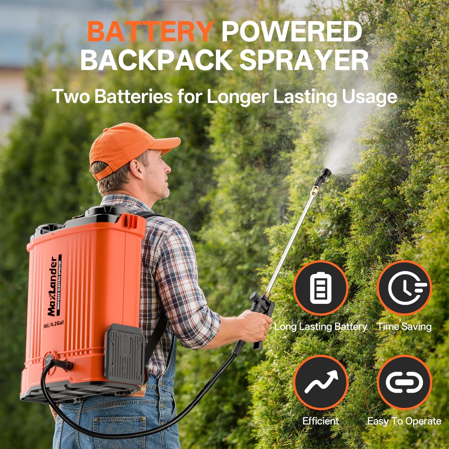 Maxlander Battery Powered Backpack Sprayer 4.2 Gallon, Electric Graden Sprayer Works with 2 x 20V 2.0Ah Battery, 90 PSI Adjustable Pressure Sprayer with 6 Spray Nozzles