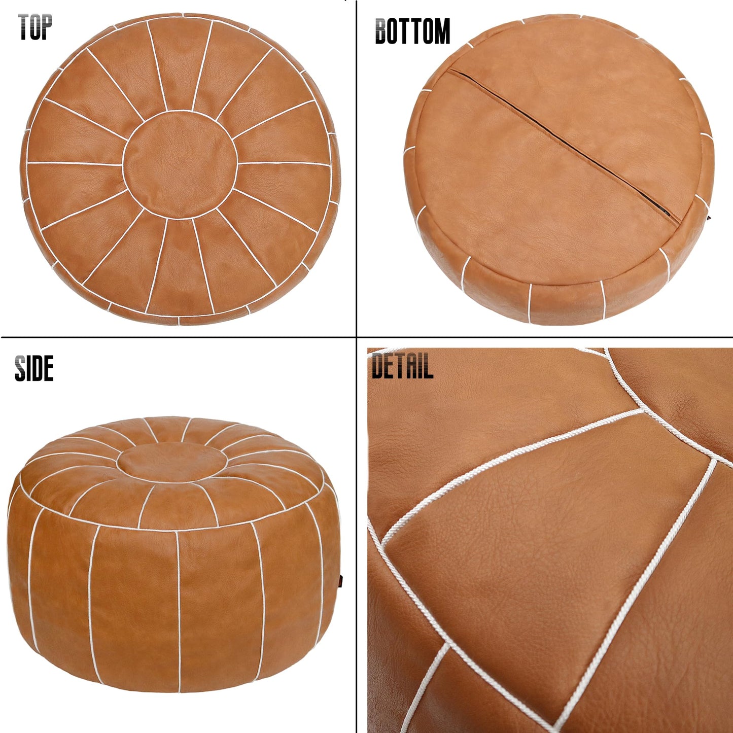 Thgonwid Unstuffed Moroccan Storage Pouf Foot Stool Ottoman Seat Handmade Faux Leather Bean Bag Floor Chair Foot Rest for Living Room, Bedroom or Balcony (Brown)