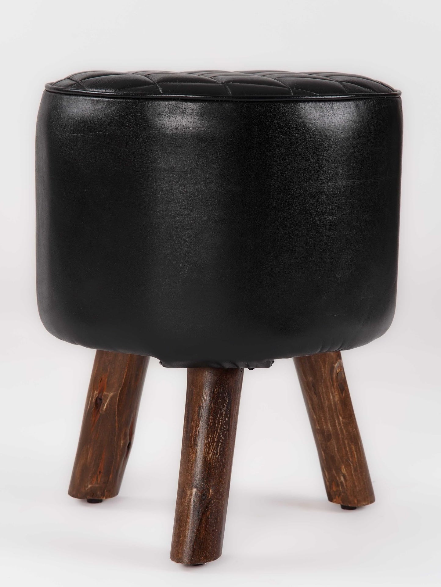 Handmade Eco-Friendly Geometric Buffalo Leather & Wood Black Round Ottomon Stool 18"X14"x14" from BBH Homes
