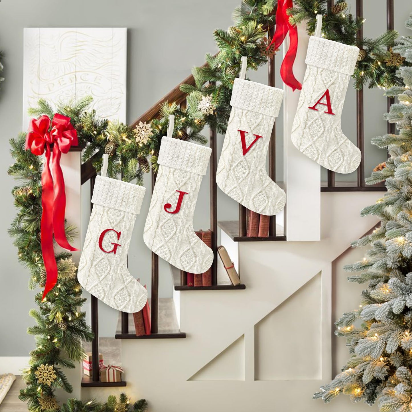 Yoochee 21 Inches Knitted Christmas Stockings with Initials, Large White Custom Monogram Embroidery Christmas Stockings with Letter, Personalized Xmas Decoration for Holiday Family Party-A