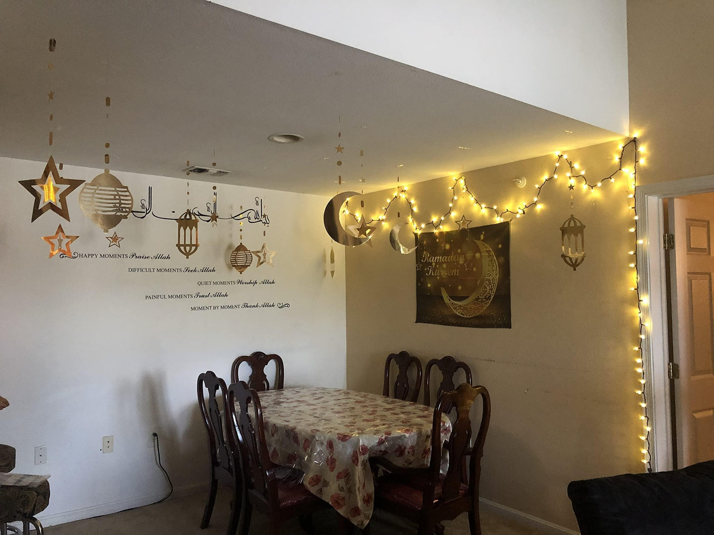 Cheerland Ramadan Decorations Gold Star Moon Lantern Garland Pre-Assembled Shining Hanging Ramadan Mubarak Eid Decorations Banner Streamer for Eid Mubarak Decor Home Party Supplies 16 Pcs