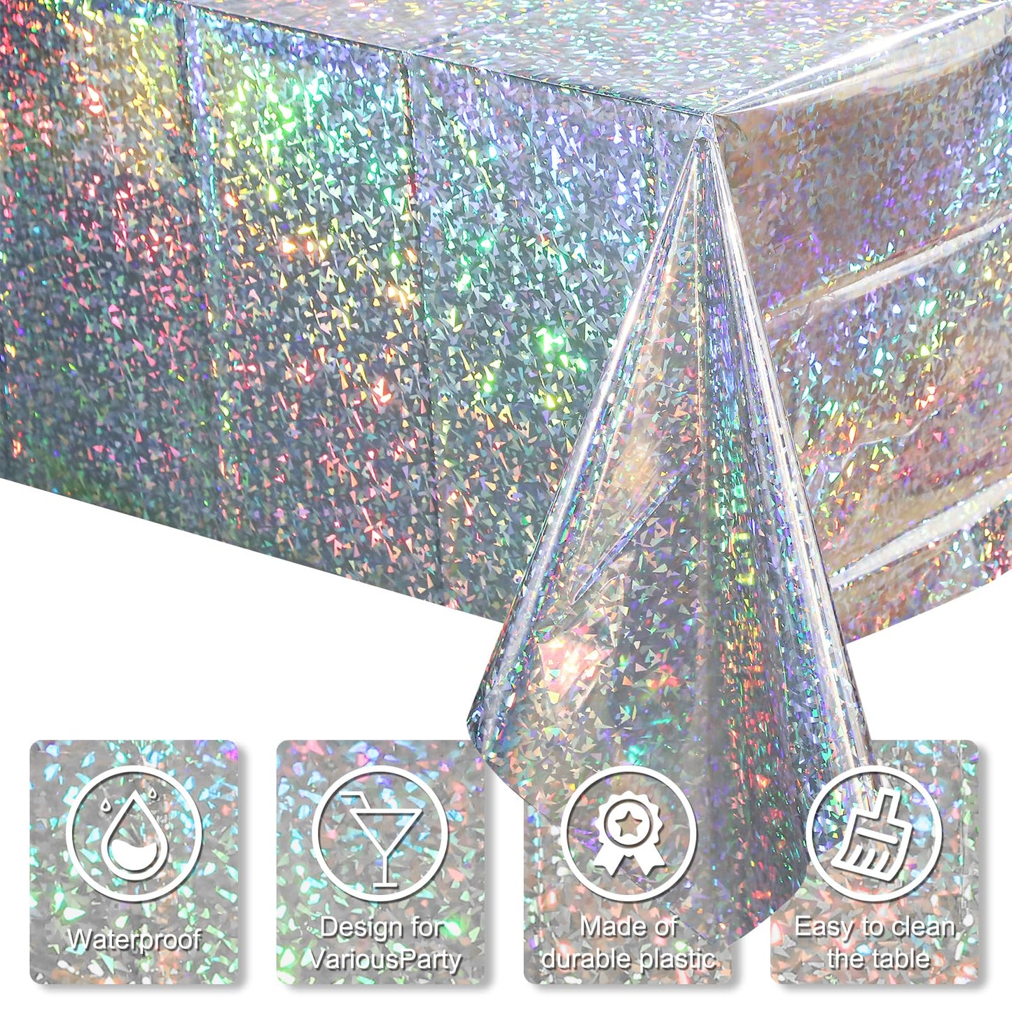 3 Pack New Iridescent Silver Tablecloth Party Decorations, Holographic Silver Glitter Plastic Tablecloth, Disposable Laser Rectangle Table Cover for Disco Birthday 70s Theme Party Decorations, 54x108"