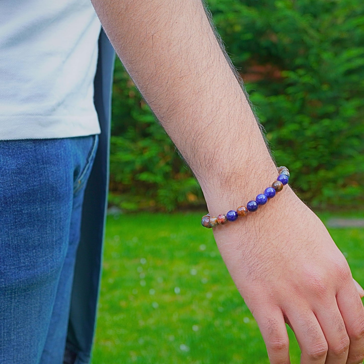ABSHEL Jasper & Sodalite Bracelet for Men - Genuine Jasper Crystals and Healing Stone Bracelet for Men's Gift - 8" Stretch Bracelet with Charm