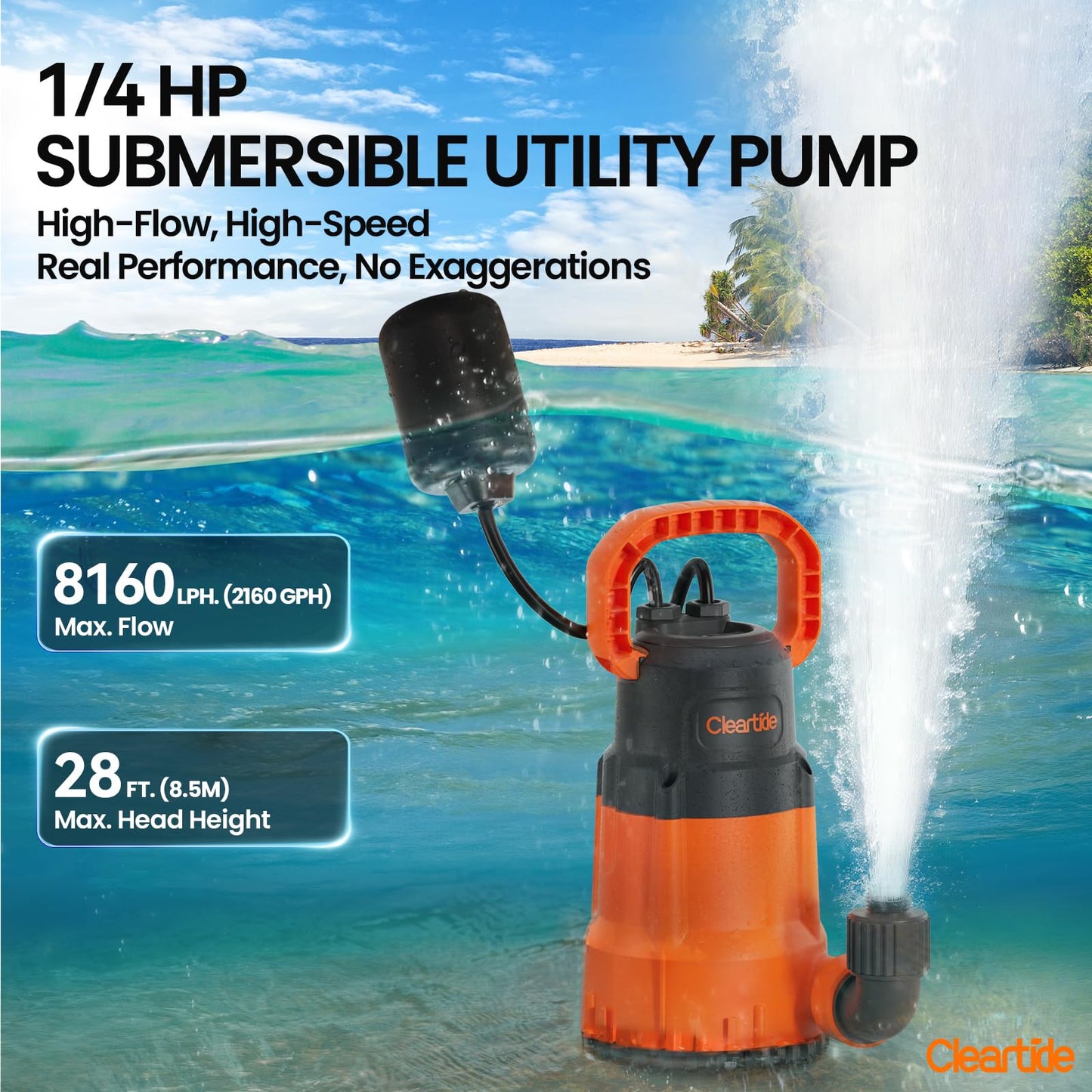 Cleartide Submersible Sump Pump with Tethered Float Switch, 1/4 HP Utility Water Pump,100% Copper Motor, Electric Drain Pump Handles 1/8" Solids, 10 FT Cord