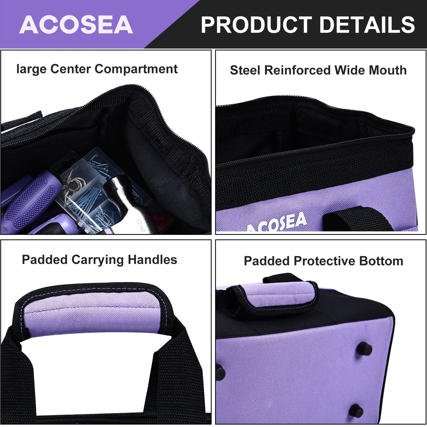 ACOSEA Purple Tool Bag,13 Inch Wide Mouth Open Tool Organizer with 12 Storage Pockets (Purple)