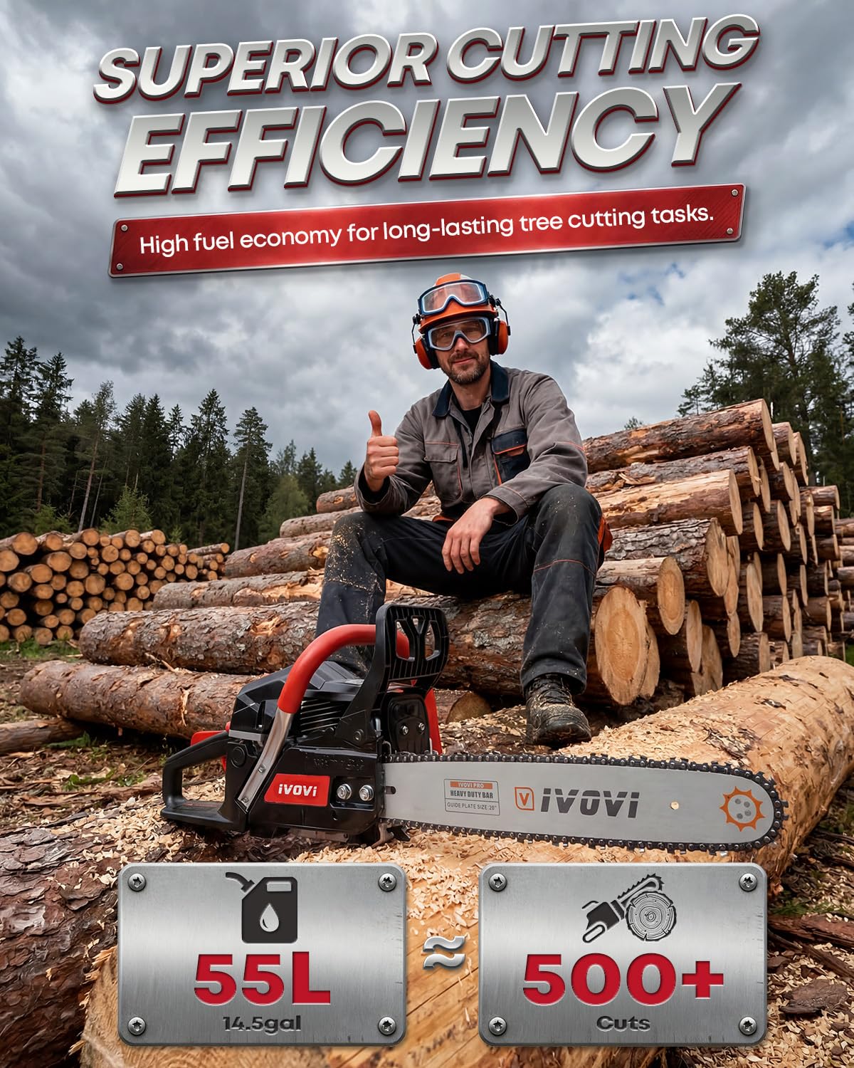 IVOVI 63CC Gas Powered Chainsaw with 20 and 18 Inch Bars, 3.7HP 2-Cycle Engine for Tree Felling, Logging and Firewood Preparation, Includes Portable Carrying Pouch and Tool Kit (Silver Black)