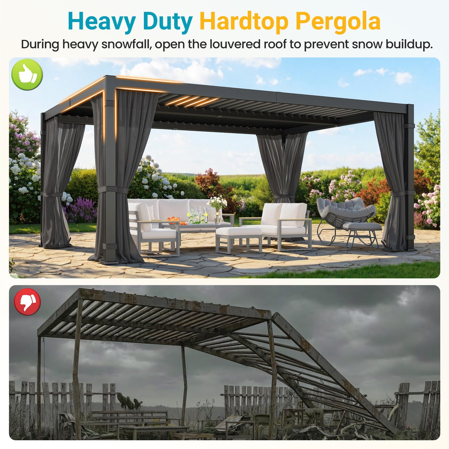 12' x 16' Louvered Pergola, Outdoor Pergola with Curtains & Netting, Metal Patio Pergola with Adjustable Louvers Roof and Gutter System, Metal Hardtop Gazebo for Patio, Deck, Garden, Yard, Dark Gray