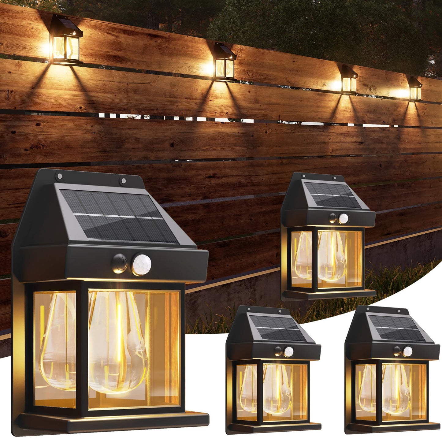 Jyoiat Outdoor Solar Wall Lights - Solar Waterproof Brighter Porch Square Lights with 3 Modes & Motion Sensor Front Fence Lantern Lights for Outside,Backyard,Garage Decorative (4 Packs)