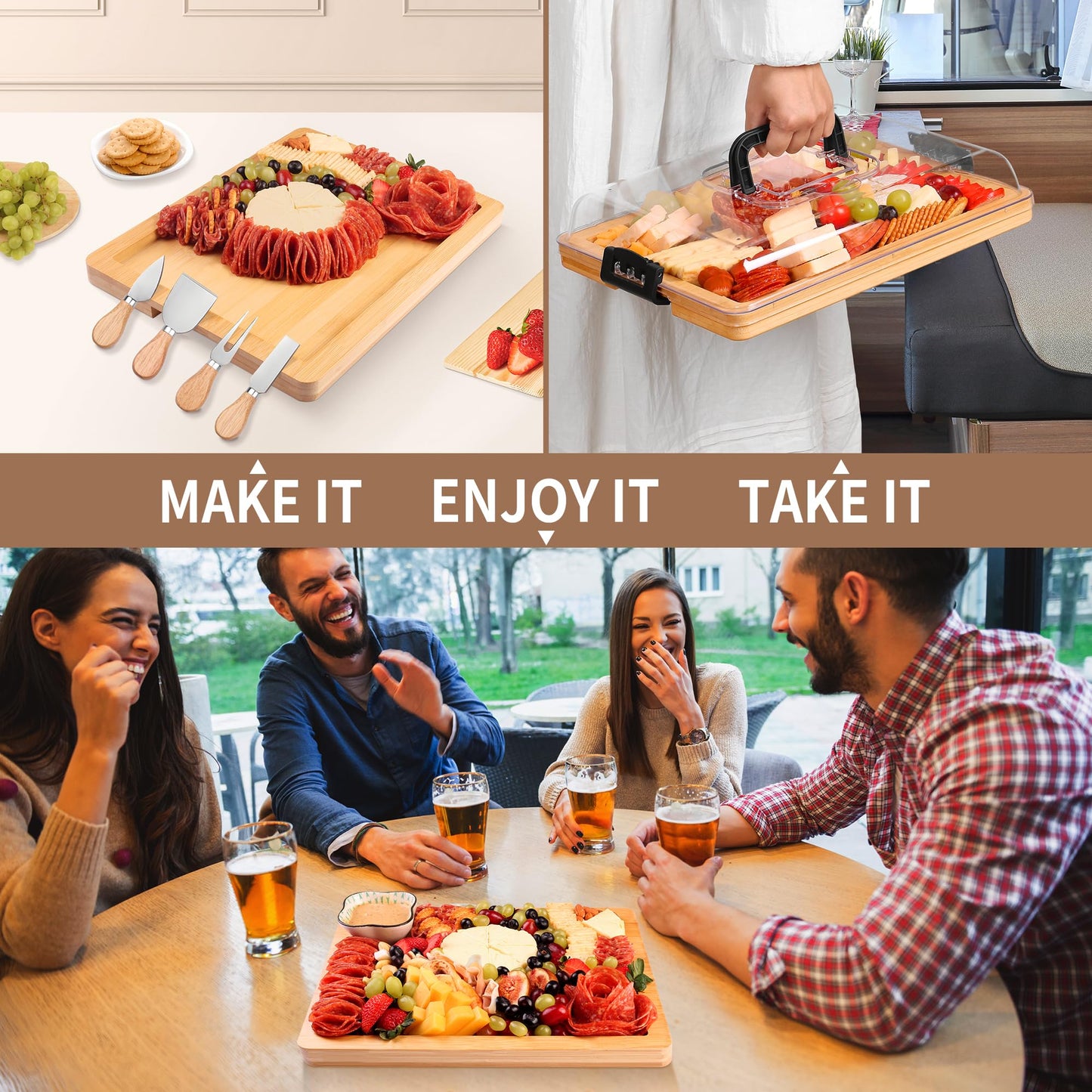 CAWIU Charcuterie Board with Lid and Handle - Portable Travel Design Bamboo Cheese Board Set with 4 Cheese Tools, Gift for Housewarming, Weddings, Picnics(1 Compartment, Black)