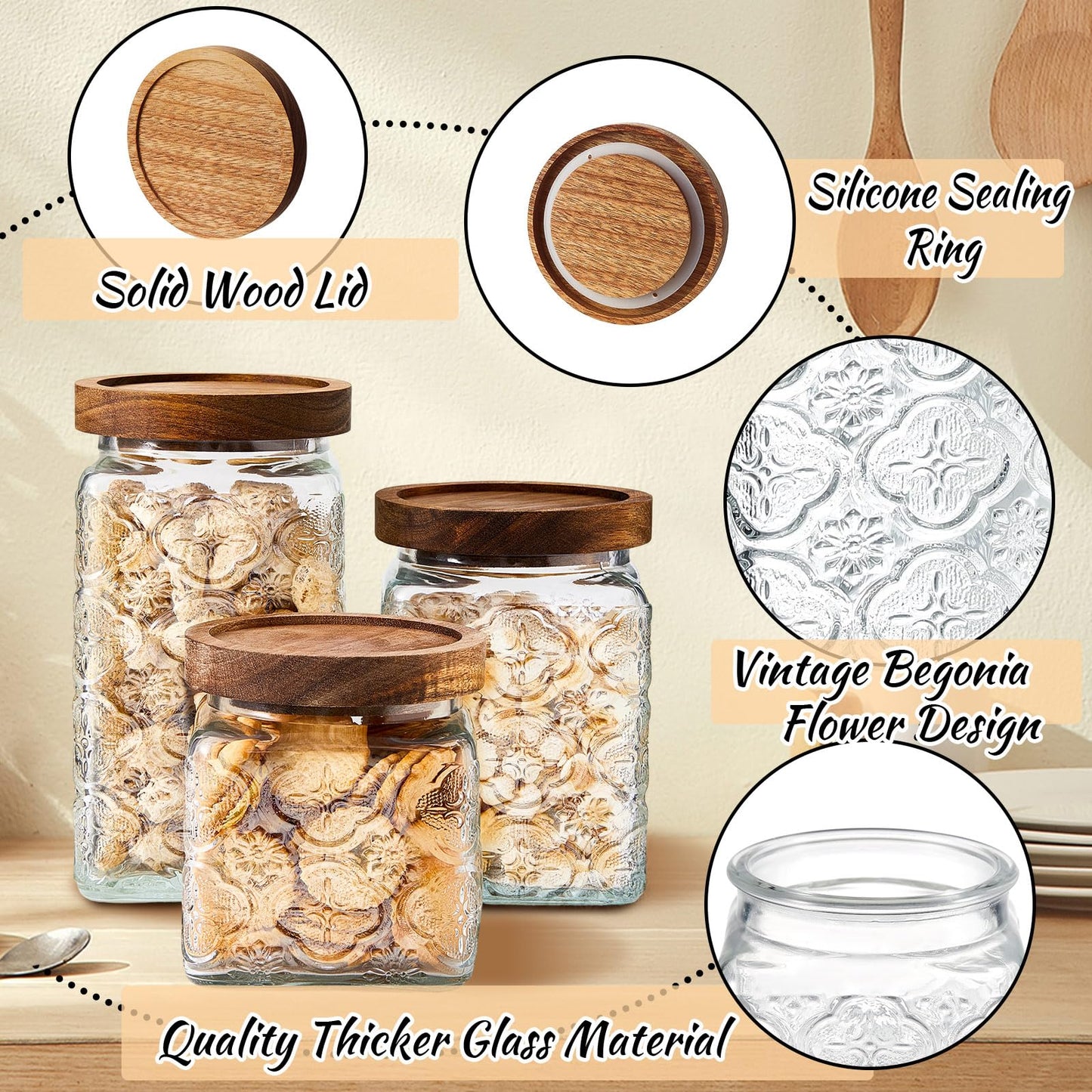 Gerrii 5 Pcs Vintage Glass Food Storage Containers 17/24/34 oz Glass Jar with Lid Airtight Candy Food Canisters for Kitchen Counter Pantry Coffee Beans(Clear,Begonia Square)
