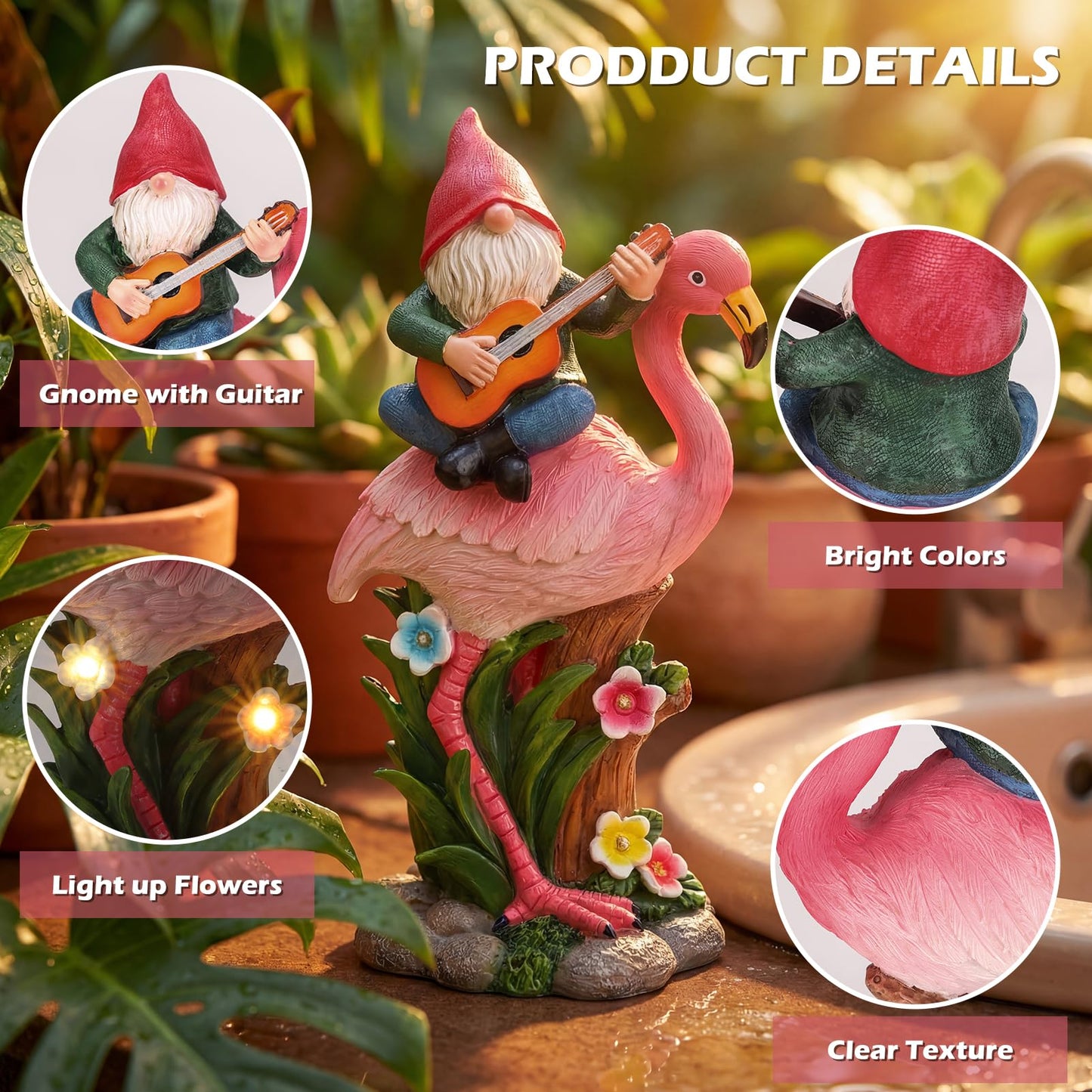 EXYGLO Solar Gnome Garden Statue Decor, 10" Gnome Riding Flamingo Outdoor Funny Decoration for Lawn, Patio, Yard, and Unique Housewarming, Birthday Ornament Gift for Mother, Friend, Family