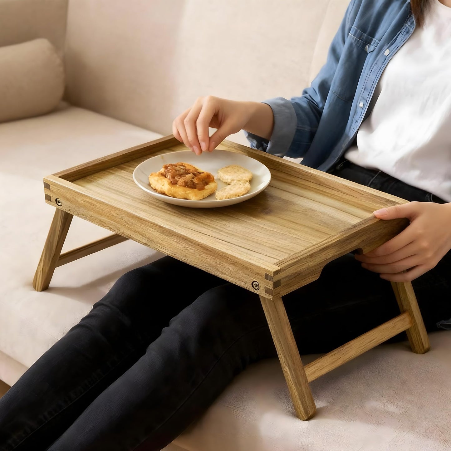 VaeFae Acacia Bed Table Tray, Wooden Breakfast Tray with Folding Legs, Bed Tray for Eating and Laptop, Eating Trays for Bedroom