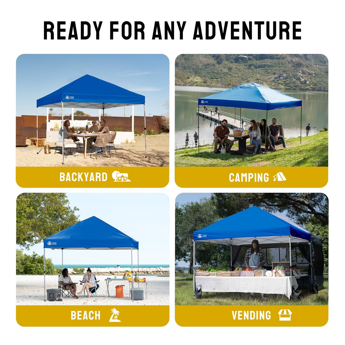 CROWN SHADES 8x8 Pop Up Canopy - Beach Tent with One Push Setup - Easy Outdoor Sun Shade for Events, Parties, Camping - Gazebo with STO-N-Go Cover Bag, Silver Coated Top, Blue
