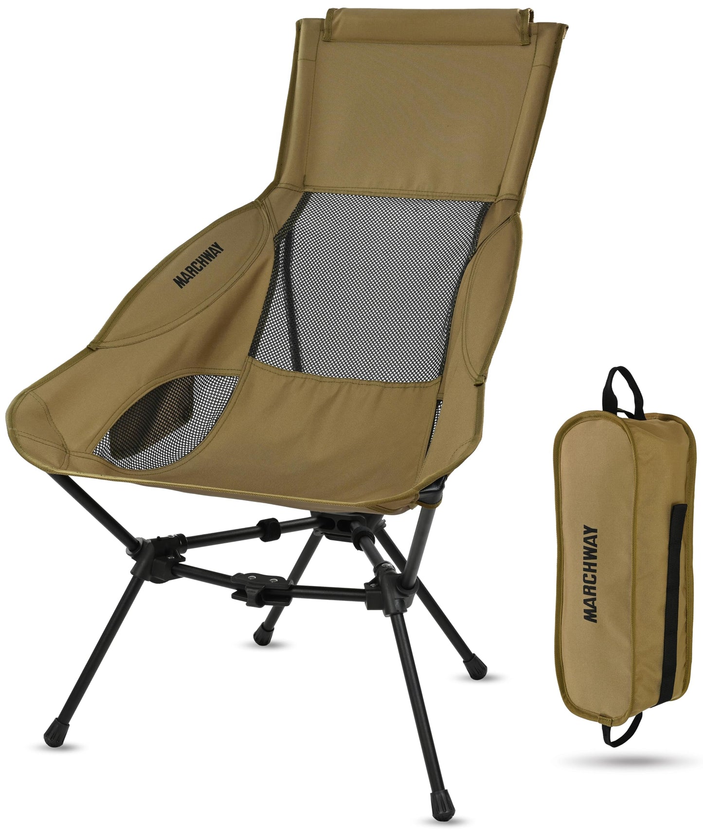 MARCHWAY Lightweight Folding High Back Camping Chair with Head Support, Stable Portable Compact for Outdoor Camp, Travel, Beach, Picnic, Festival, Hiking, Backpacking (Highback Khaki)