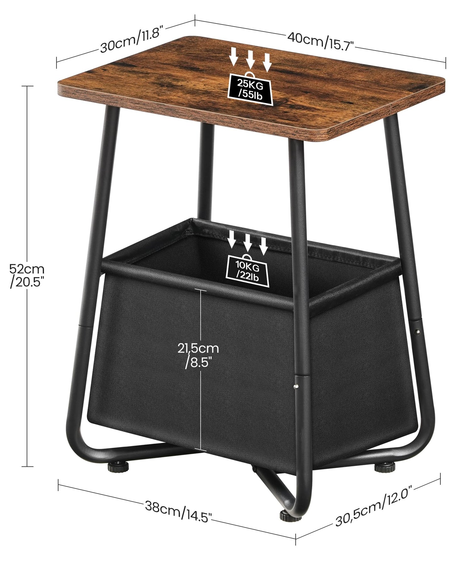 CHOEZON Small Nursery Side Table with Removable Fabric Basket, Compact End Table for Small Spaces, Space-Saving Nightstand for Bedroom Living Room, Rustic Brown TBZ13BF