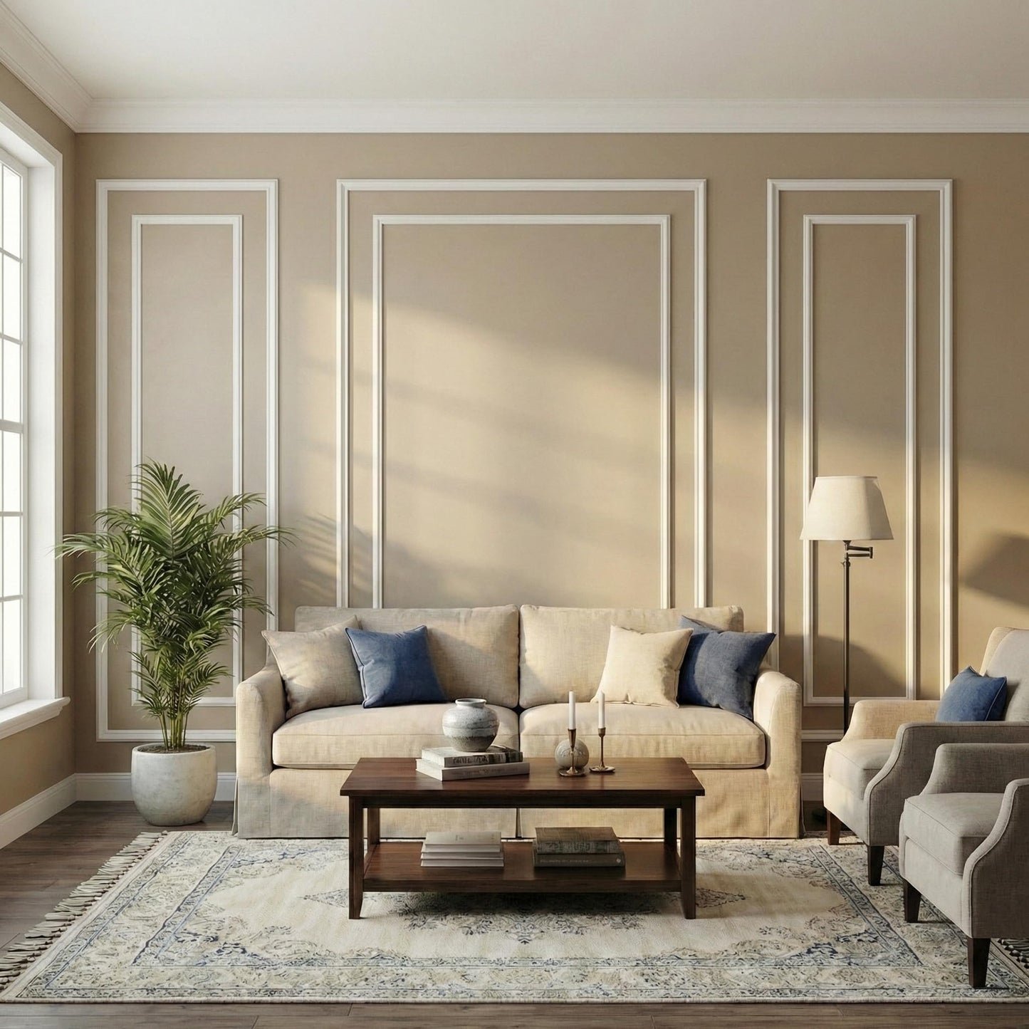 SMARTSTANDARD Wall Molding Panels, Pre Cut Wainscoting Panels for Interior Living Room Bedroom Decor, Paintable PS Wall Molding for Accent Wall, 3 Set Bilinear Frame, Adhesive Installation