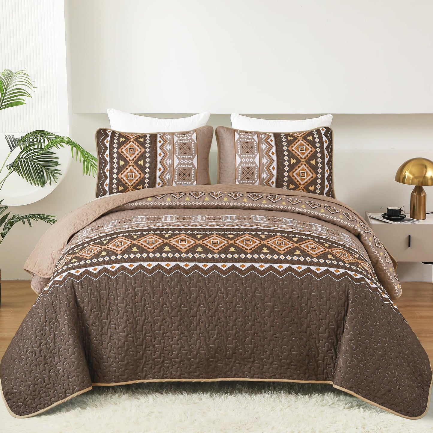 WONGS BEDDING Boho Quilt Set Queen Size,3 Pieces Brown Geometry Printed Bedspread Coverlet Set,Lightweight Microfiber Bedding Set with 2 Pillowcases,96"×90"