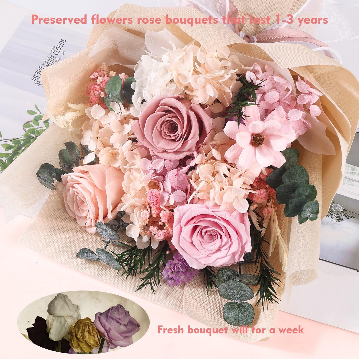 Flowers for Delivery Prime Preserved Flowers Bouquet That Last 3-5 Years Real Forever Roses Bouquet for Mom Mother Women Wife Girlfriend Anniversary Birthday Valentines Day Gifts for Her(Pink)