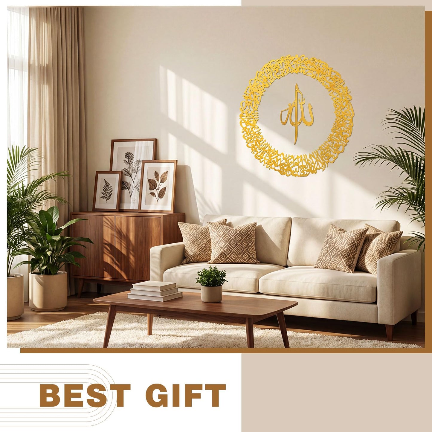 Yerliker Metal Islamic Wall Art Decor for Living Room, Ayatul Kursi Eid Arabic Calligraphy Ramadan Quran Gold Round Wall Hanging, Muslim Islamic Housewarming Gifts for Women Home Room, 20 Inch