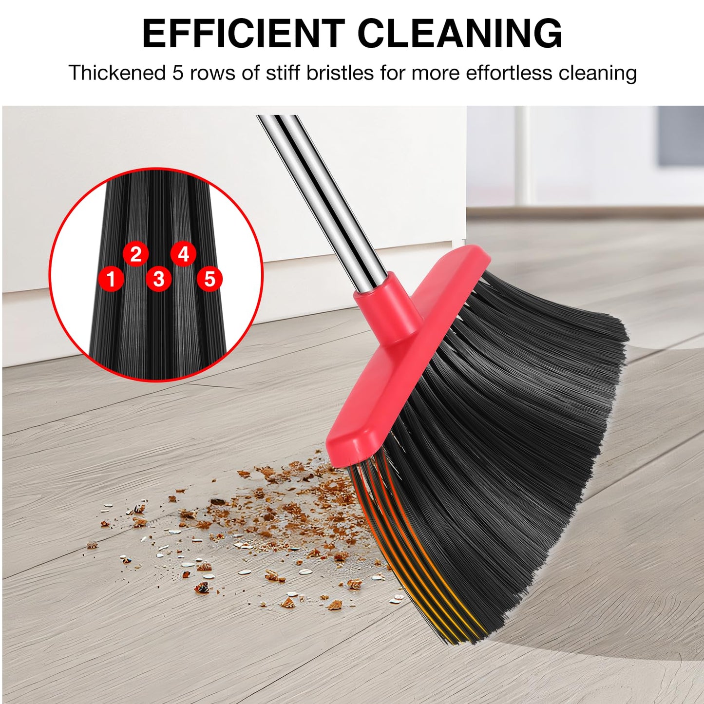 NACENA Broom and Dustpan Set, 52-in Long Adjustable Handle Broom Dustpan Combo with Dustpan Teeth to Automatically Clean Hair Suitable for Home Kitchen Office Hall Floor（Black&Red）